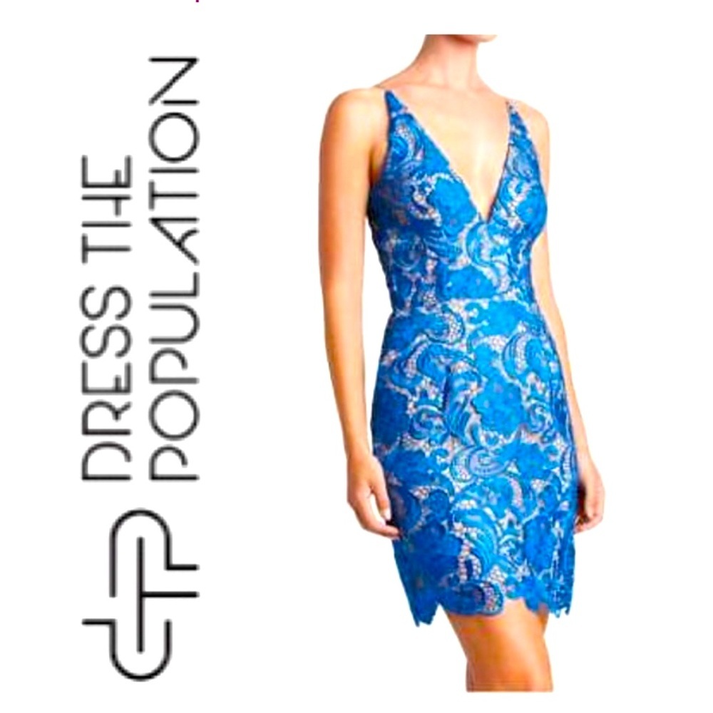 265. Dress the Population Allie Lace Mini Dress in Cobalt Blue Size Large